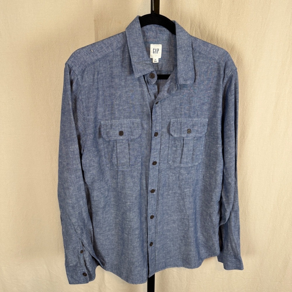 Gap Mens Medium Blue Linen Cotton Blend Long Sleeve Button Down Utility‎ Shirt